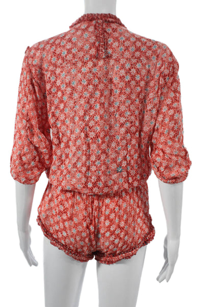 Poupette St. Barth Women Floral V-Neck Viscose Romper Button 3/4 Sleeve Size XS