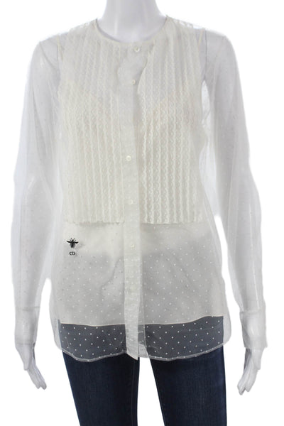 Christian Dior Women Mesh Polka Dot Long Sleeve Blouse Crew Neck White Size S
