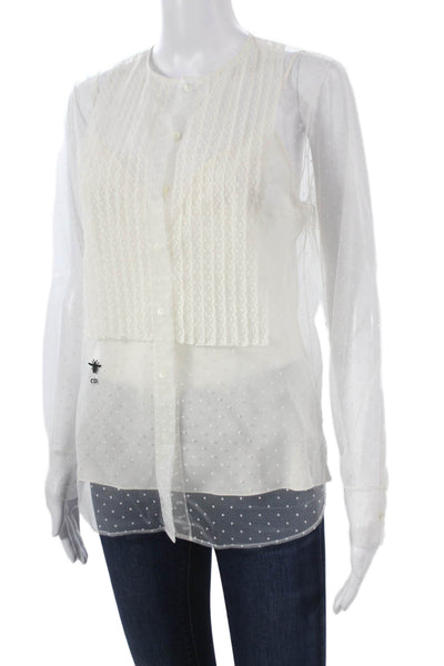 Christian Dior Women Mesh Polka Dot Long Sleeve Blouse Crew Neck White Size S