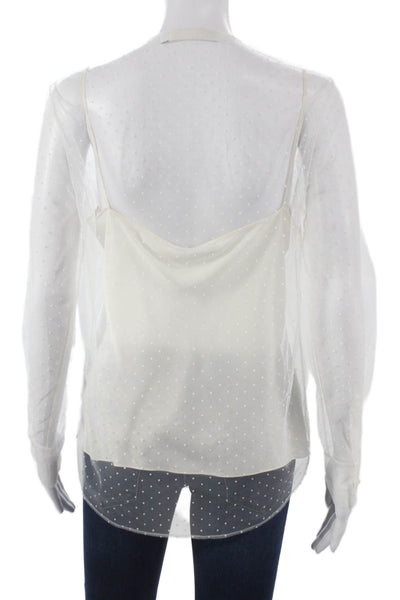 Christian Dior Women Mesh Polka Dot Long Sleeve Blouse Crew Neck White Size S