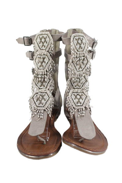 Carlos by Carlos Santana Womens Leather Beaded Gladiator Sandals Gray Size 8M