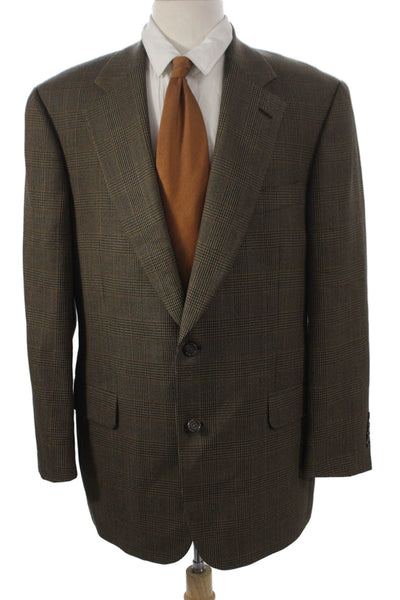 Brooks Brothers Mens Wool Plaid Blazer Brown Buttoned Size 42