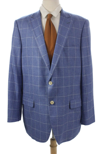 Hart Schaffner Marx Mens Blue Silk Check Blazer Buttoned Size 46