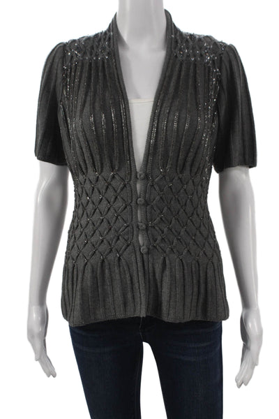 Designer Women Gray Wool Geometric V Neck Short Sleeve Cardigan Size M