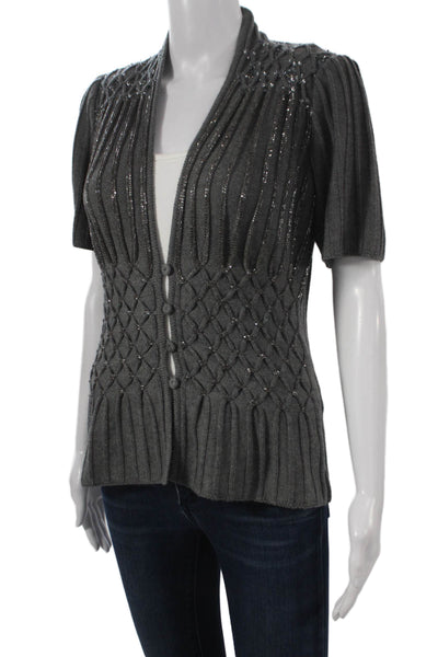 Designer Women Gray Wool Geometric V Neck Short Sleeve Cardigan Size M