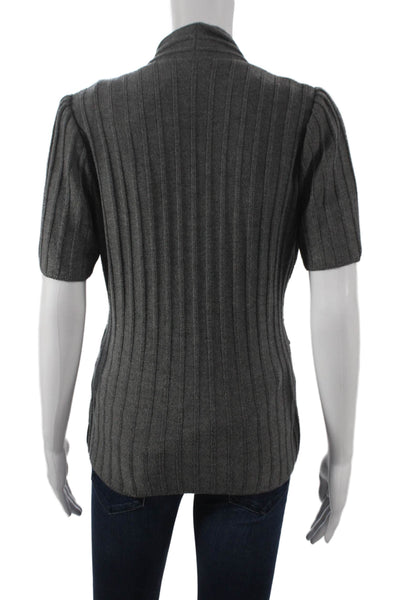 Designer Women Gray Wool Geometric V Neck Short Sleeve Cardigan Size M