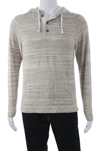 Vince Mens Henley Hoodie Beige Striped Cotton Long Sleeve Size S