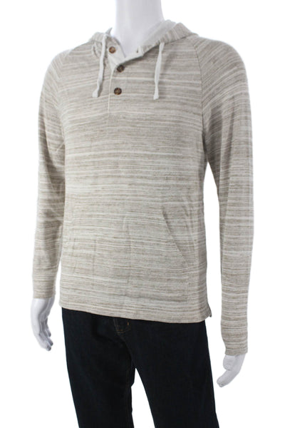 Vince Mens Henley Hoodie Beige Striped Cotton Long Sleeve Size S