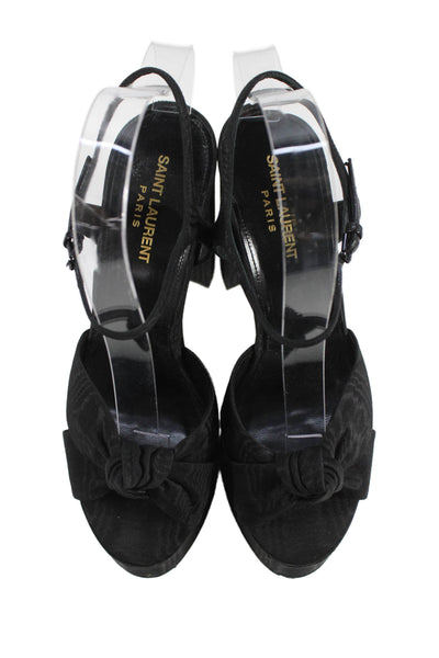 Saint Laurent Womens Bow Detail Ankle Strap Platform Heels Black Size 39.5 9.5