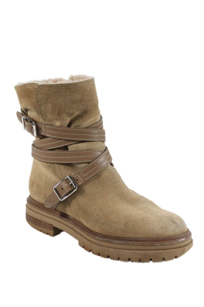 Gianvito Rossi Womens Suede Strappy Combat Boot Beige Size 38 8