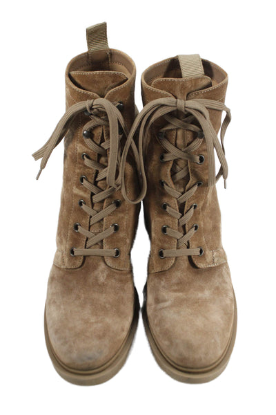 Gianvito Rossi Womens Suede Lace Up Heeled Boots Beige Size 39.5 9.5