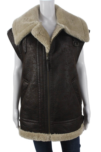 We The Free Womens Brown Polyurethane Bomber Vest Zip Sleeveless Size S