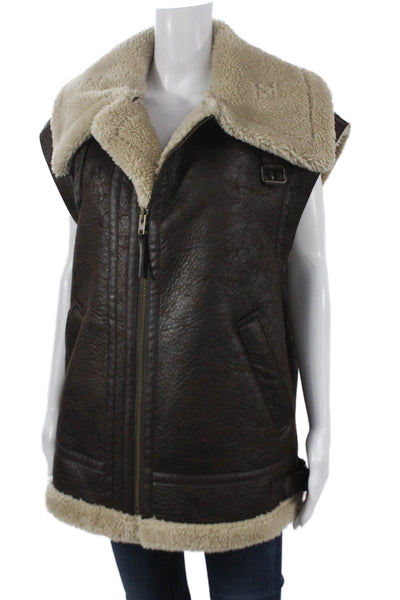 We The Free Womens Brown Polyurethane Bomber Vest Zip Sleeveless Size S