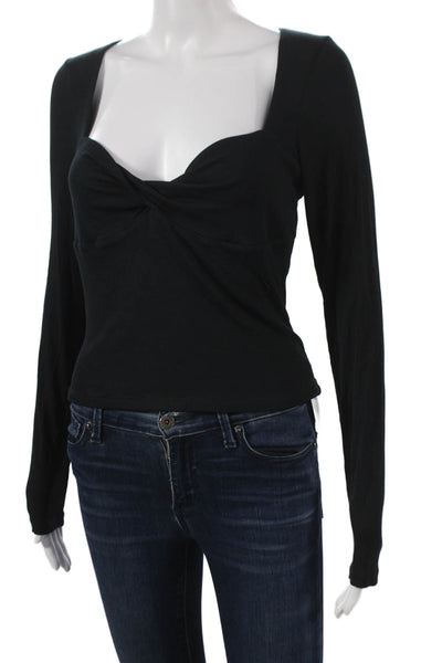 Sunday Best Women Basic Black Square Neck Long Sleeve T-Shirt Size L