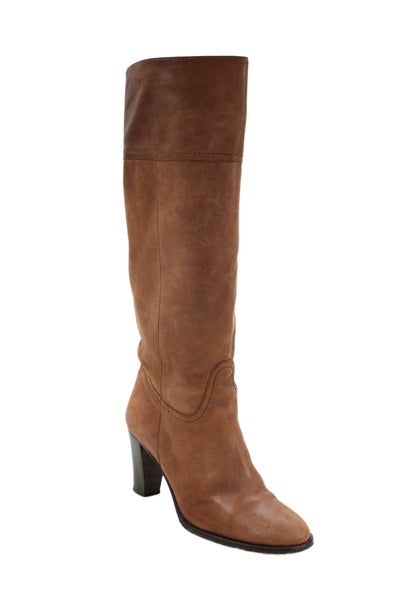 J Crew Leather Pull On Knee High Boots Heels Brown Size 10