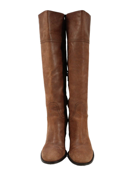 J Crew Leather Pull On Knee High Boots Heels Brown Size 10