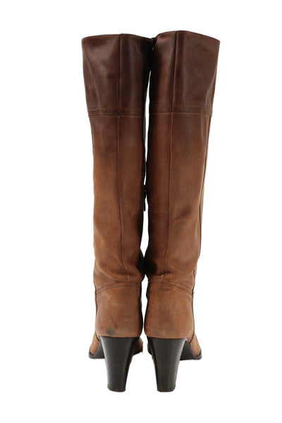 J Crew Leather Pull On Knee High Boots Heels Brown Size 10
