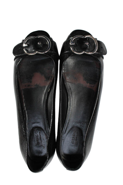 Gucci Womens Slip On GG Buckle Peep Toe Ballet Flats Black Leather Size 39