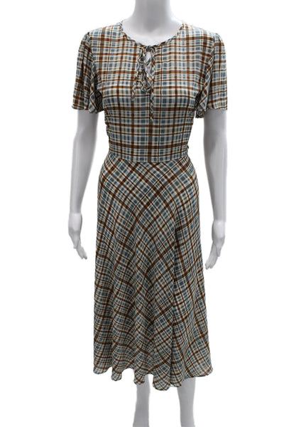 Zara Woman Women Fit & Flare Dress Plaid Multicolor Silk Short Sleeve Size S