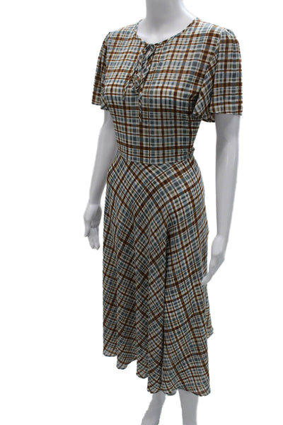 Zara Woman Women Fit & Flare Dress Plaid Multicolor Silk Short Sleeve Size S