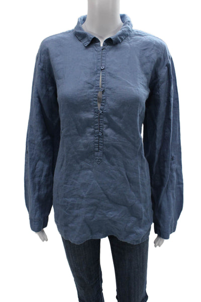 Eileen Fisher Womens Linen Collared Tunic Blouse Blue Long Sleeve Button Size M