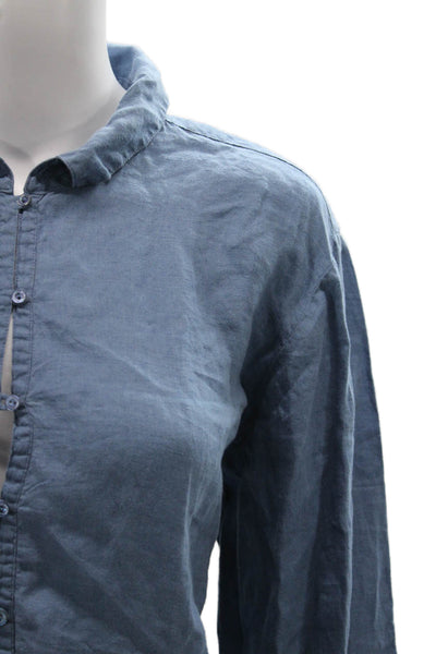 Eileen Fisher Womens Linen Collared Tunic Blouse Blue Long Sleeve Button Size M