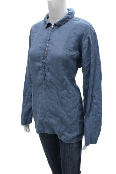 Eileen Fisher Womens Linen Collared Tunic Blouse Blue Long Sleeve Button Size M
