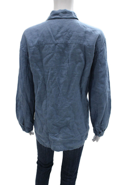 Eileen Fisher Womens Linen Collared Tunic Blouse Blue Long Sleeve Button Size M