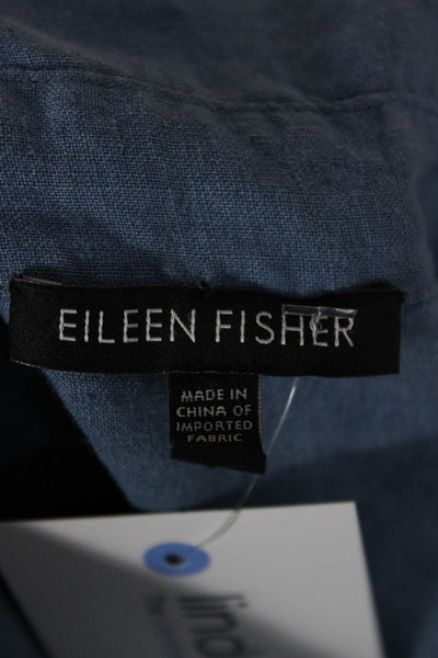 Eileen Fisher Womens Linen Collared Tunic Blouse Blue Long Sleeve Button Size M