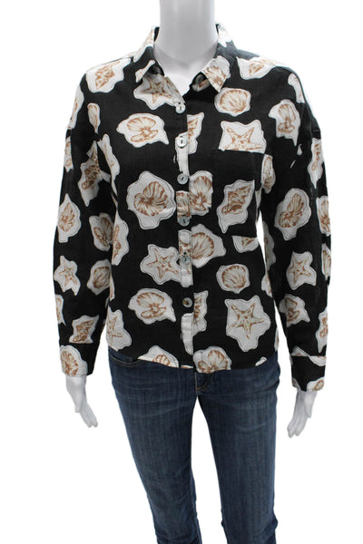 Nicole Miller Women Linen Black Collared Seashell Long Sleeve Button-Up Size S