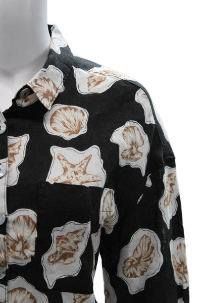 Nicole Miller Women Linen Black Collared Seashell Long Sleeve Button-Up Size S