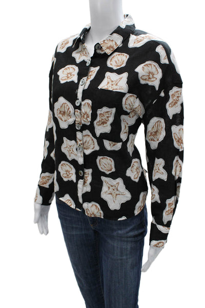 Nicole Miller Women Linen Black Collared Seashell Long Sleeve Button-Up Size S