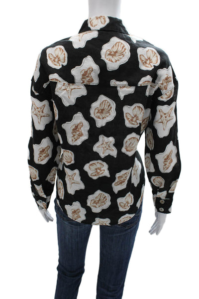 Nicole Miller Women Linen Black Collared Seashell Long Sleeve Button-Up Size S