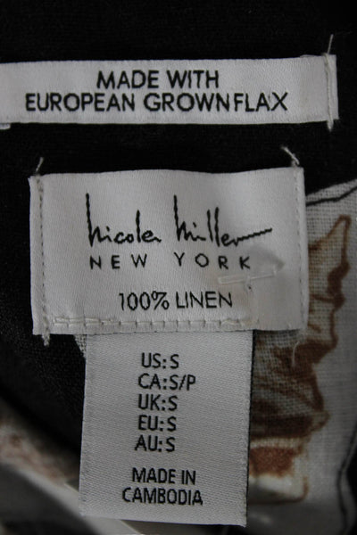 Nicole Miller Women Linen Black Collared Seashell Long Sleeve Button-Up Size S