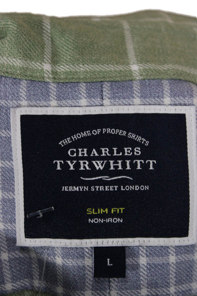 Charles Tyrwhitt Mens Cotton Printed Slim Fit Button Down Shirt Green Size L