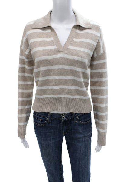 Nicole Miller Women Pullover Striped Collared Rayon Beige Long Sleeve Size S