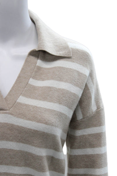 Nicole Miller Women Pullover Striped Collared Rayon Beige Long Sleeve Size S