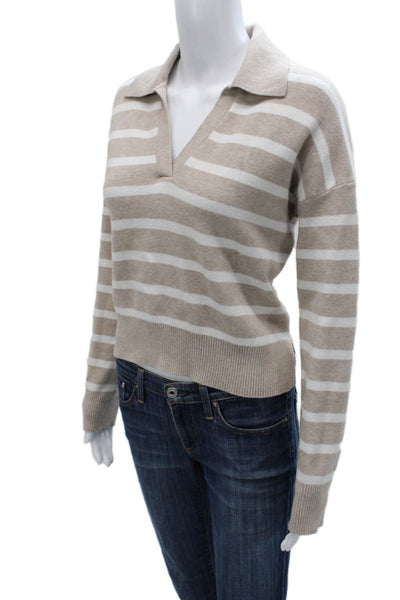 Nicole Miller Women Pullover Striped Collared Rayon Beige Long Sleeve Size S