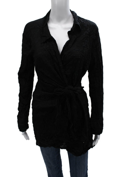 L Space Womens Tunic Collared Tie Neck Viscose 3/4 Sleeve Black Size L