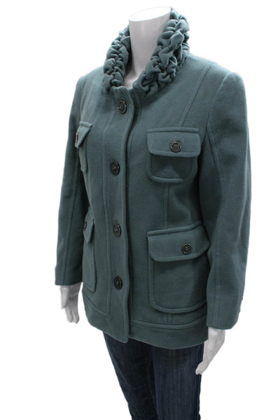 Perry Ellis Women Military Jacket Green Wool Blend Button Long Sleeve Size 6