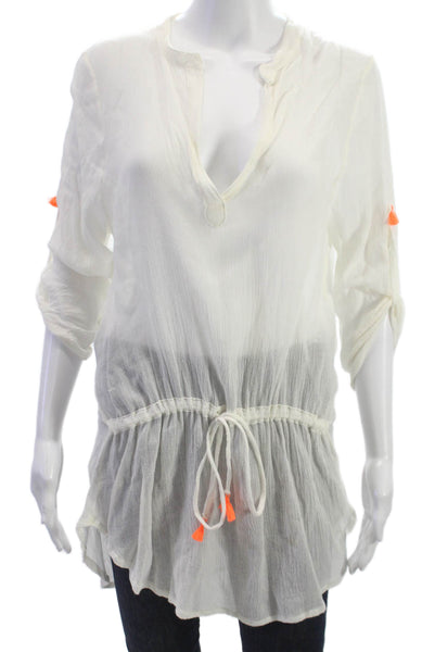 Eberjey Women Blouse White Viscose 3/4 Sleeve Keyhole Neckline Cover Up Size S