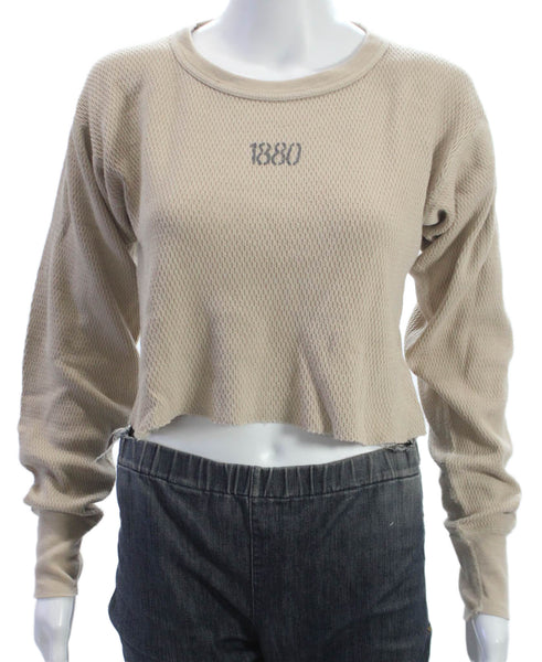 Riley Womens Cropped T-Shirt Beige Cotton Long Sleeve Size S