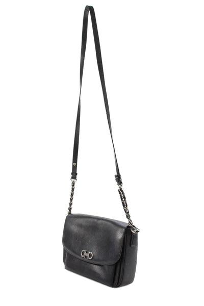 Salvatore Ferragamo Womens Leather Push Lock Flapped Shoulder Handbag Black