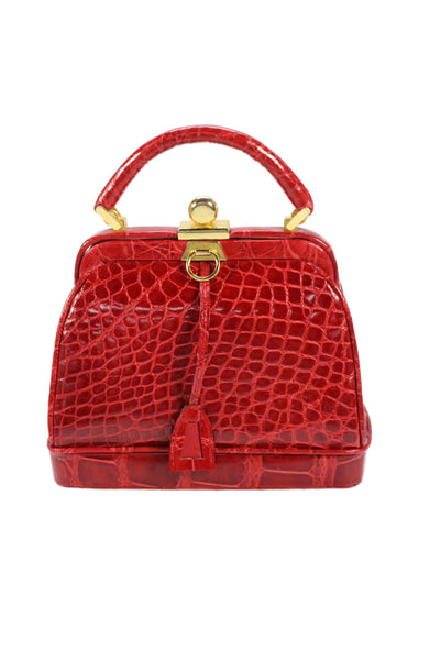 Lana of London Womens Embossed Leather Push Lock Top Handle Handbag Red