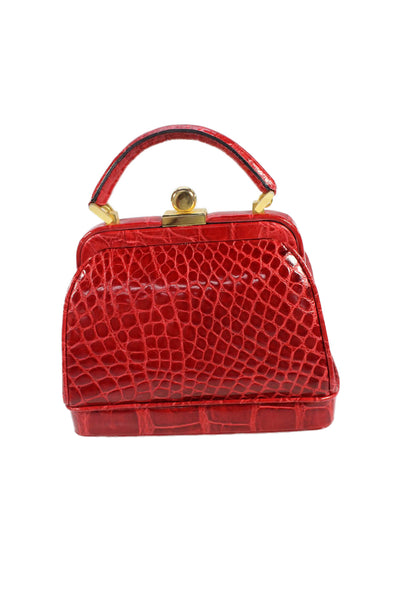 Lana of London Womens Embossed Leather Push Lock Top Handle Handbag Red
