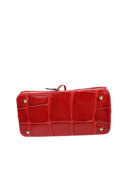 Lana of London Womens Embossed Leather Push Lock Top Handle Handbag Red