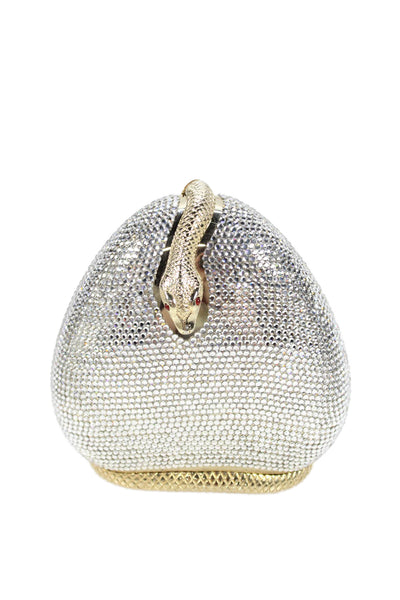 Judith Leiber Womens Swarovski Crystal Snake Charmer Minaudiere Handbag Silver
