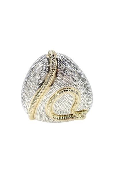 Judith Leiber Womens Swarovski Crystal Snake Charmer Minaudiere Handbag Silver