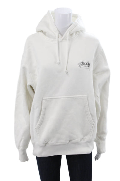 Stussy Unisex Adults Pullover Hoodie White Cotton Drawstring Long Sleeve Size M