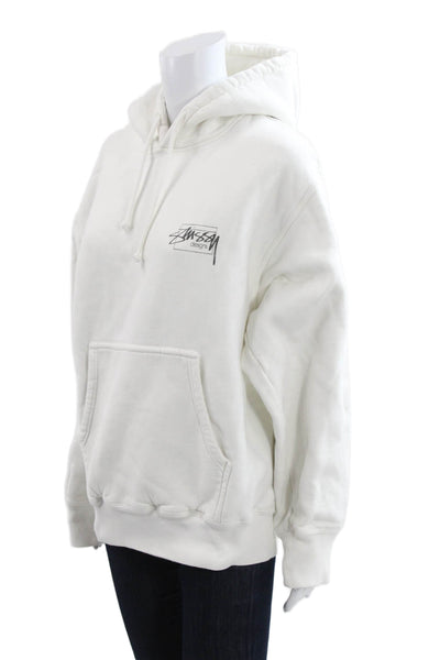 Stussy Unisex Adults Pullover Hoodie White Cotton Drawstring Long Sleeve Size M